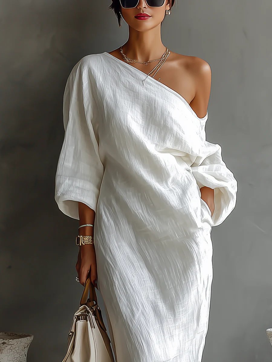 Linen-blend maxi dress with off-shoulder batwing sleeve in White