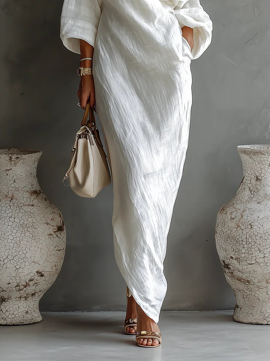 Linen-blend maxi dress with off-shoulder batwing sleeve in White