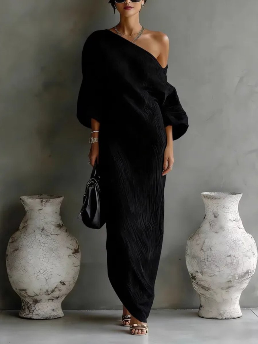 Linen-blend maxi dress with off-shoulder batwing sleeve in Black
