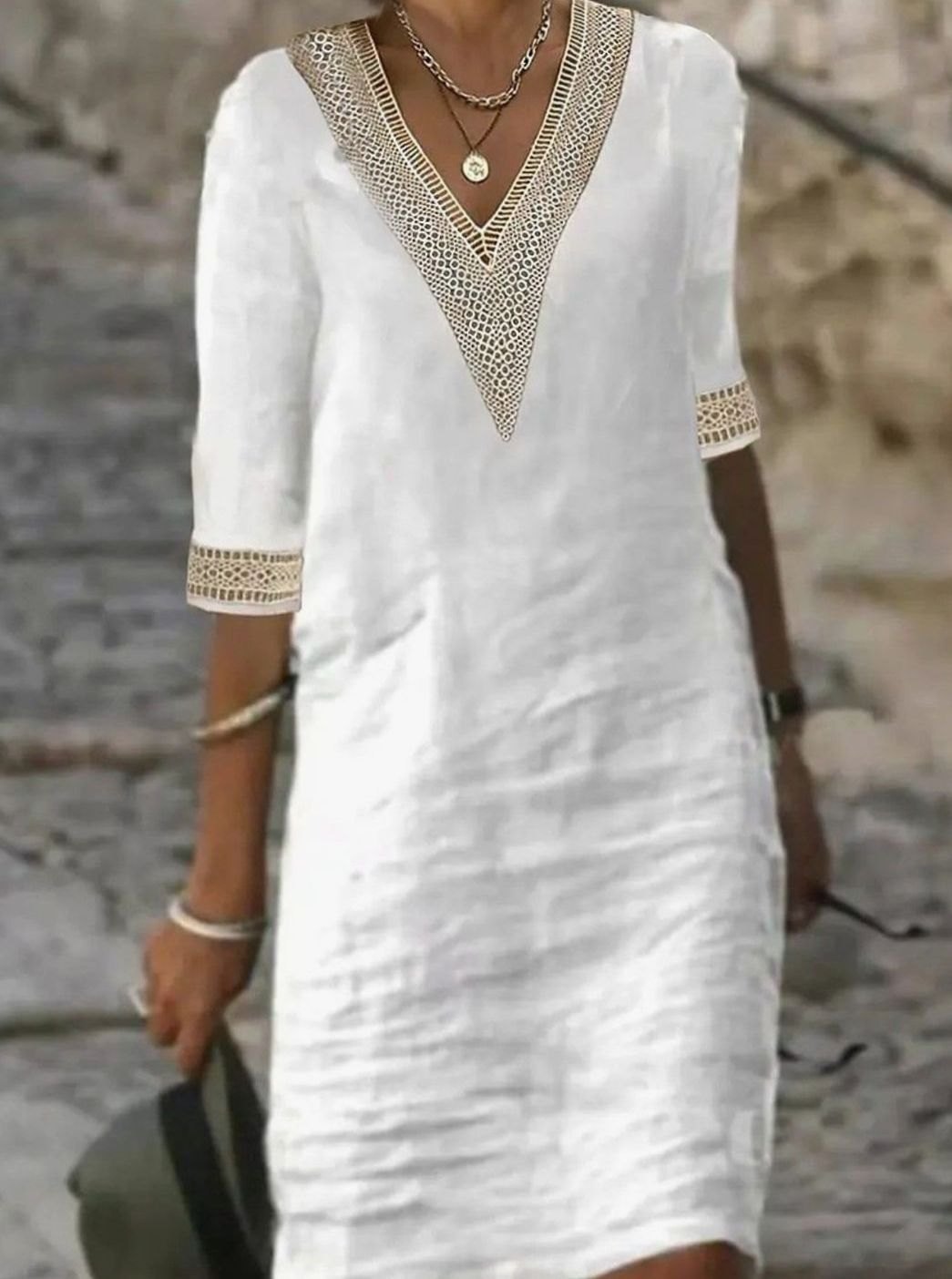 Linen-blend midi dress with lace trim V-neck in white