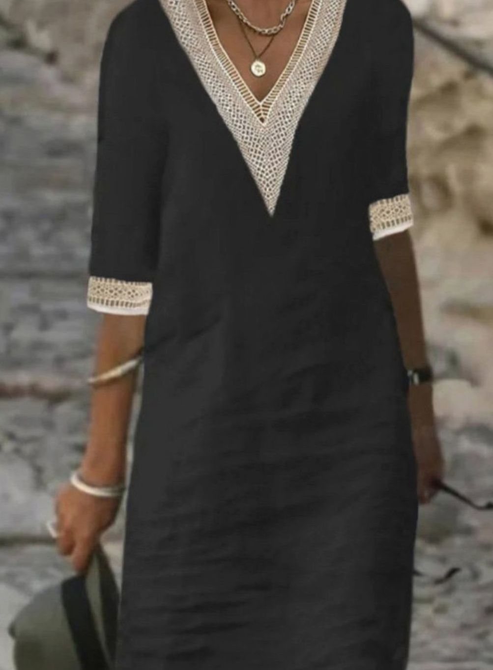 Linen-blend midi dress with lace trim V-neck in black