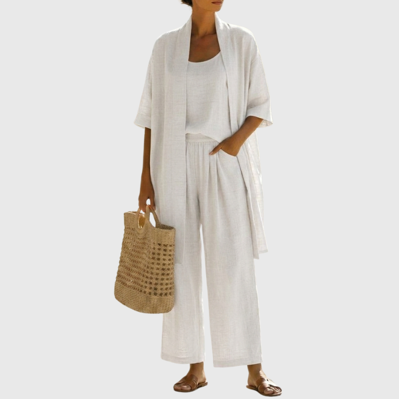 Linen-blend three piece set with open jacket, cami and wide-leg pants in white
