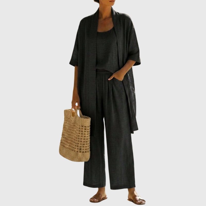 Linen-blend three piece set with open jacket, cami and wide-leg pants in black