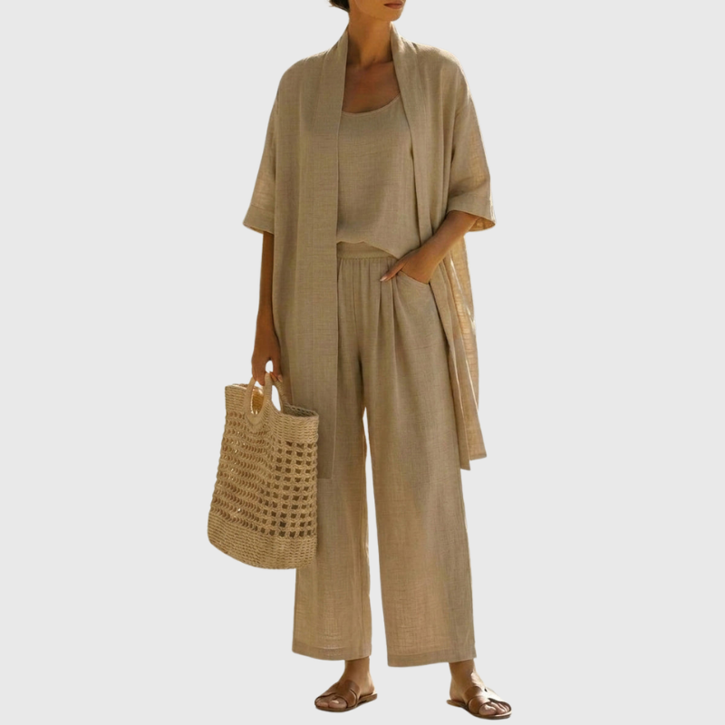 Linen-blend three piece set with open jacket, cami and wide-leg pants in khaki