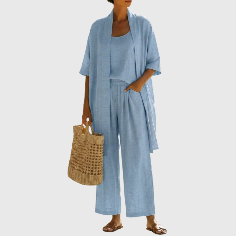 Linen-blend three piece set with open jacket, cami and wide-leg pants in blue