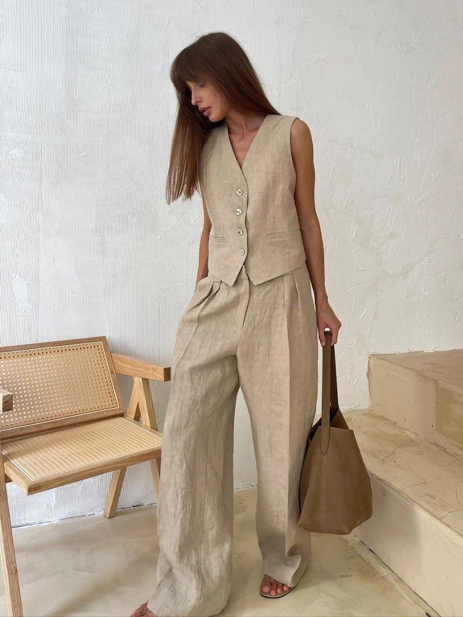 Linen-blend two piece set with button vest and wide-leg pants in sand