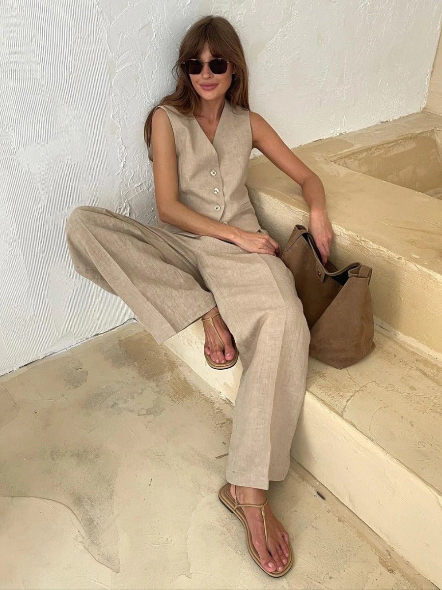 Linen-blend two piece set with button vest and wide-leg pants in sand
