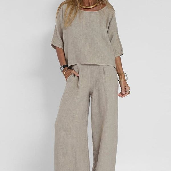 Linen-blend two piece set with cropped top and wide-leg pants in stone