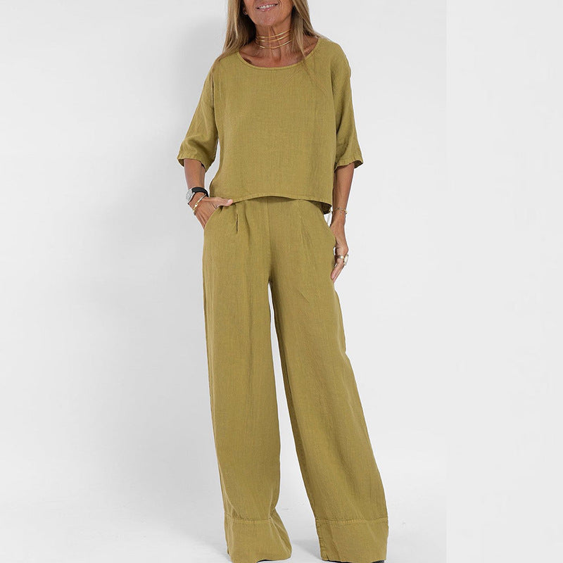 Linen-blend two piece set with cropped top and wide-leg pants in olive