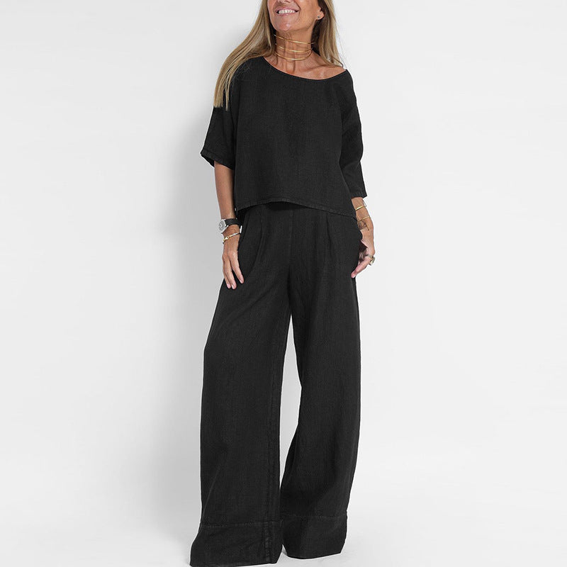 Linen-blend two piece set with cropped top and wide-leg pants in black