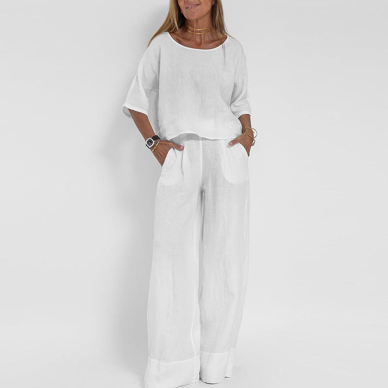 Linen-blend two piece set with cropped top and wide-leg pants in white