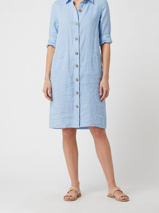 Light blue linen button-front shirt dress on a white background