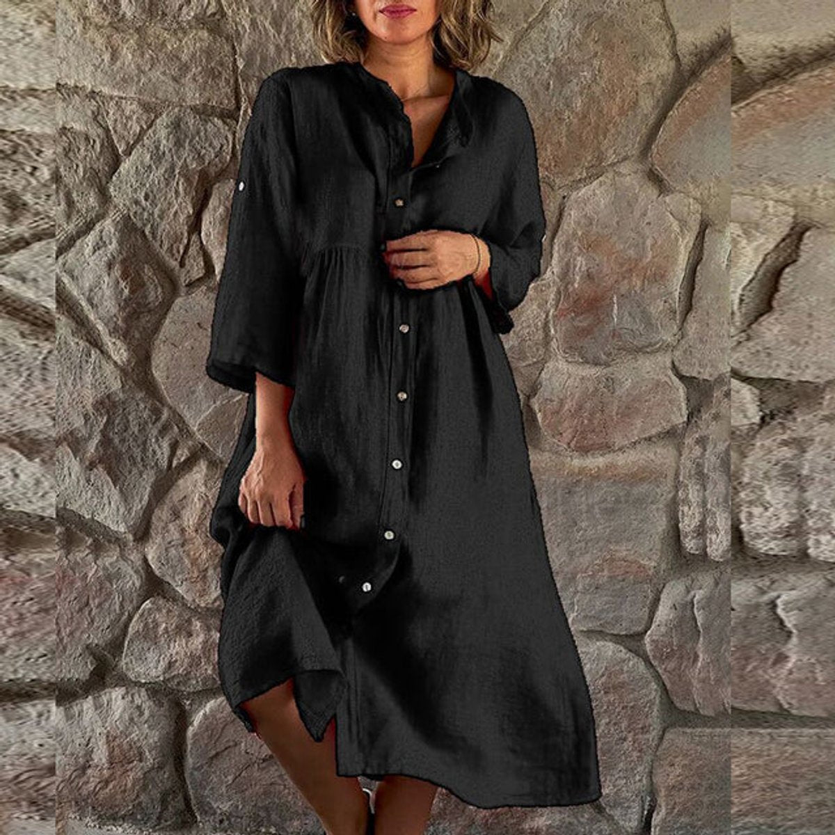 Linen-look midi dress with button front in black