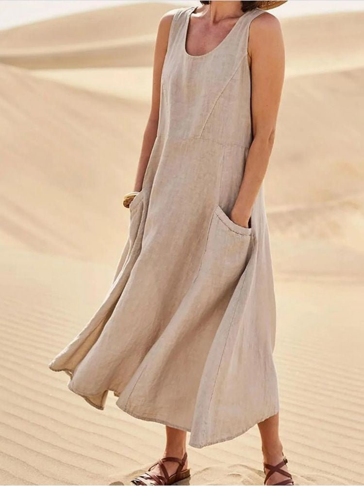 Linen-look midi dress in khaki - front