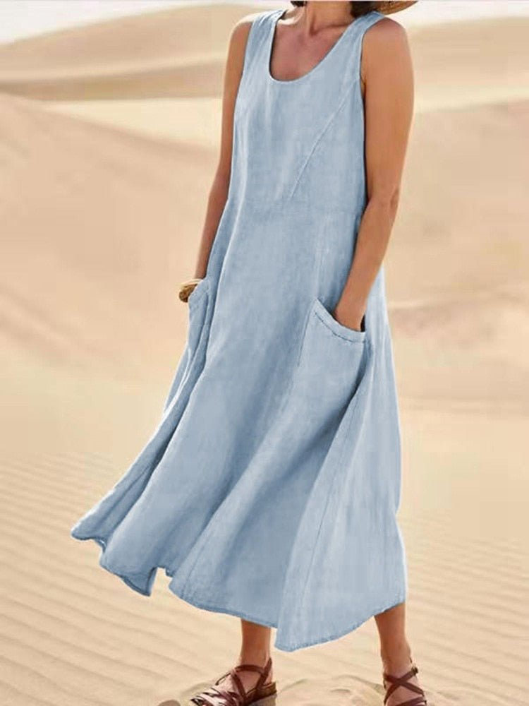 Linen-look midi dress in blue - front