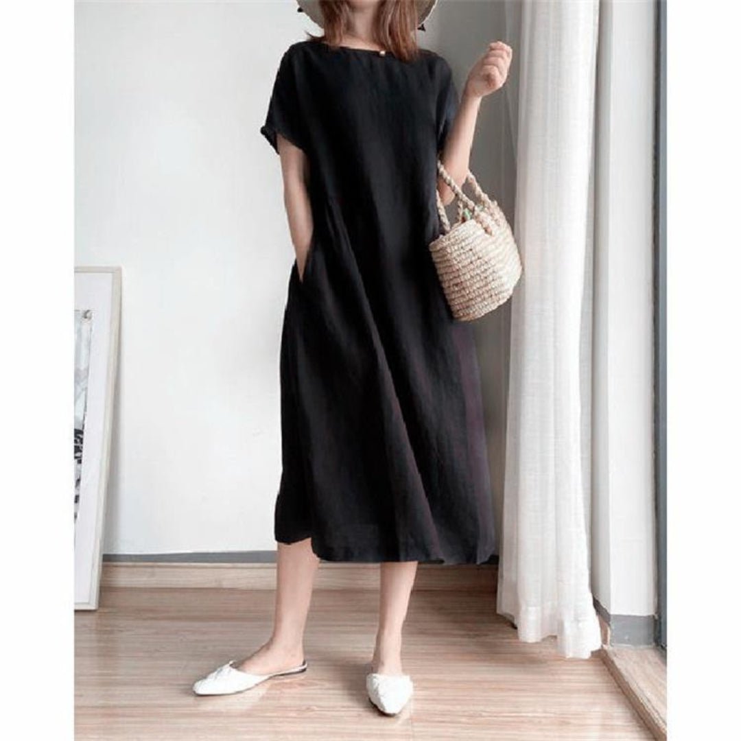 Linen-look midi dress with short sleeves in black