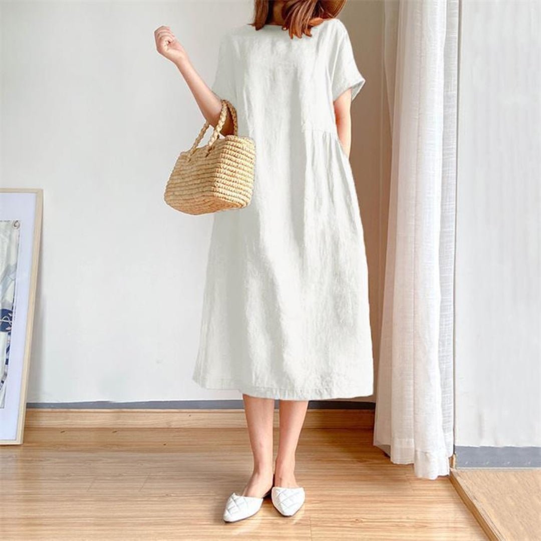 Linen-look midi dress with short sleeves in white