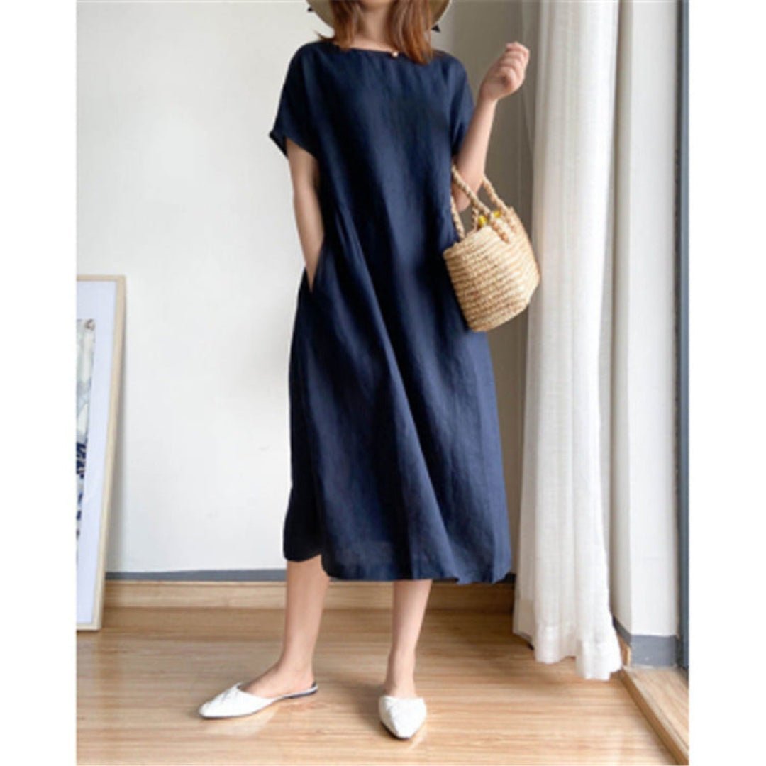 Linen-look midi dress with short sleeves in dark blue