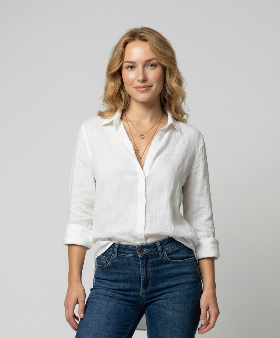Linen-look shirt with classic collar and 3/4 sleeves in white