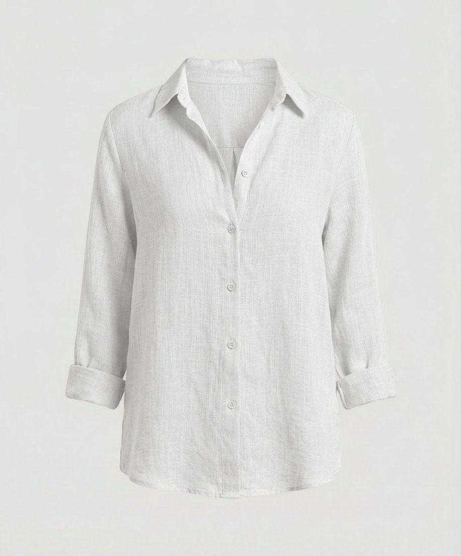 Linen-look shirt with classic collar and 3/4 sleeves in white