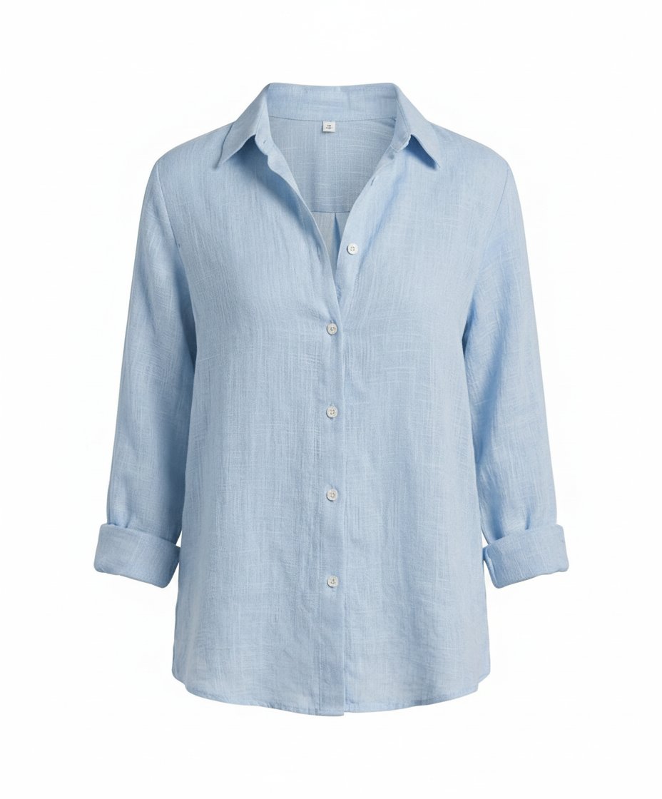 Linen-look shirt with classic collar and 3/4 sleeves in blue