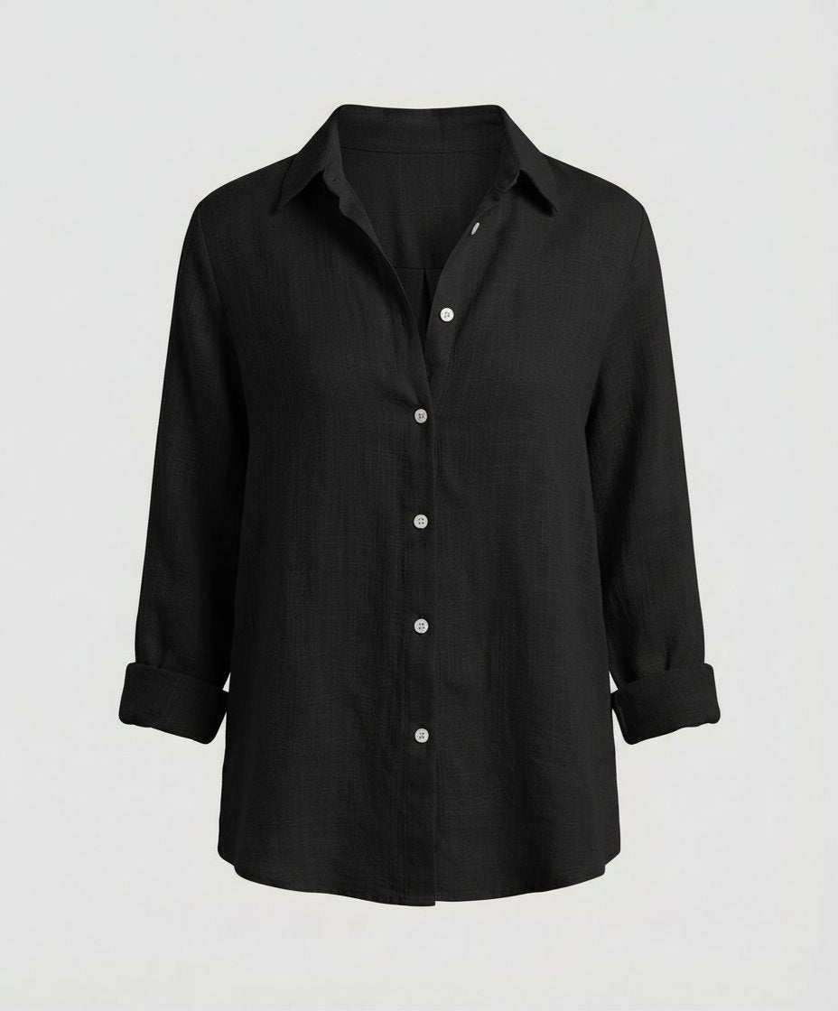 Linen-look shirt with classic collar and 3/4 sleeves in black