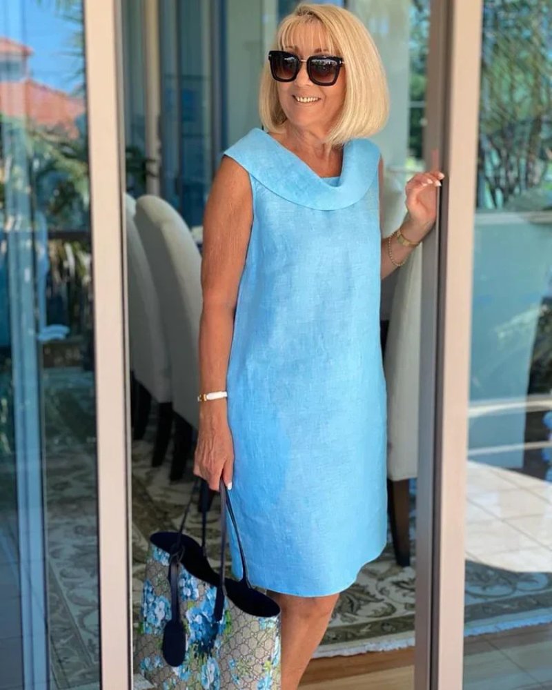 Linen-look sleeveless midi dress in sky blue