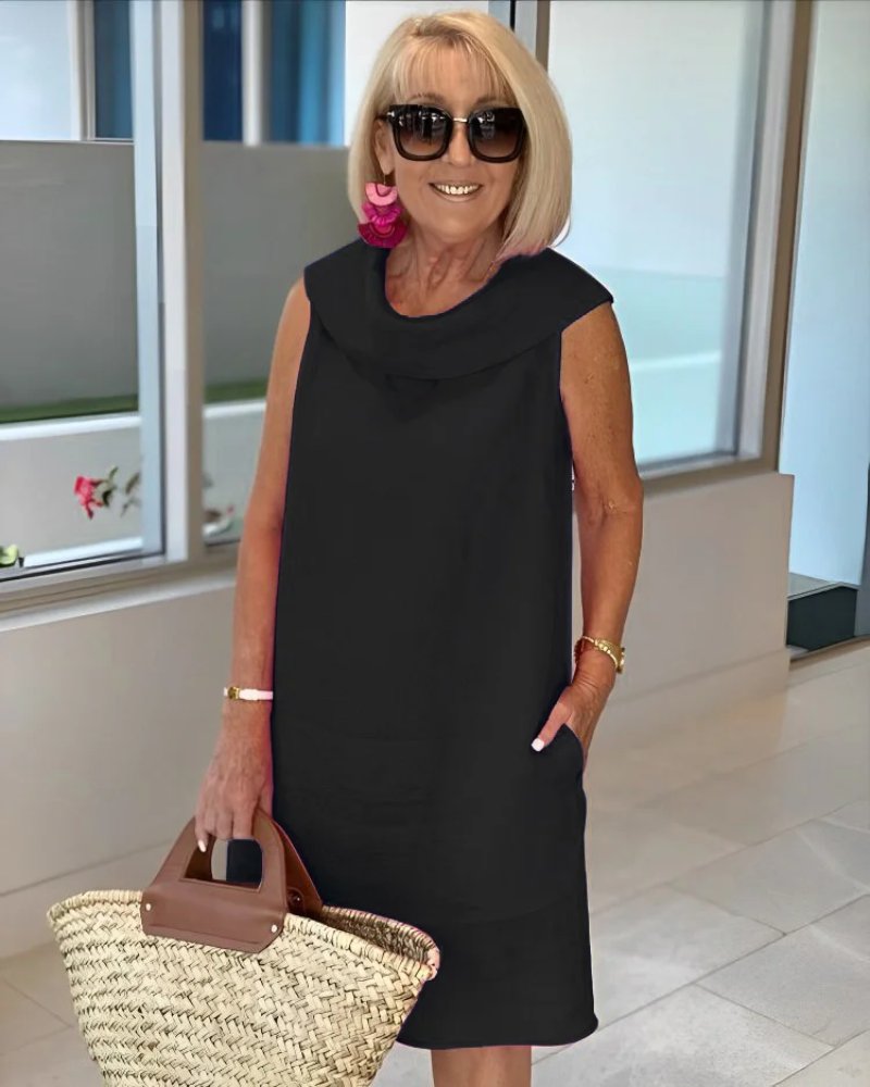 Linen-look sleeveless midi dress in black