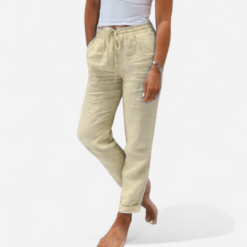 Linen-look tapered pants with drawstring in sand