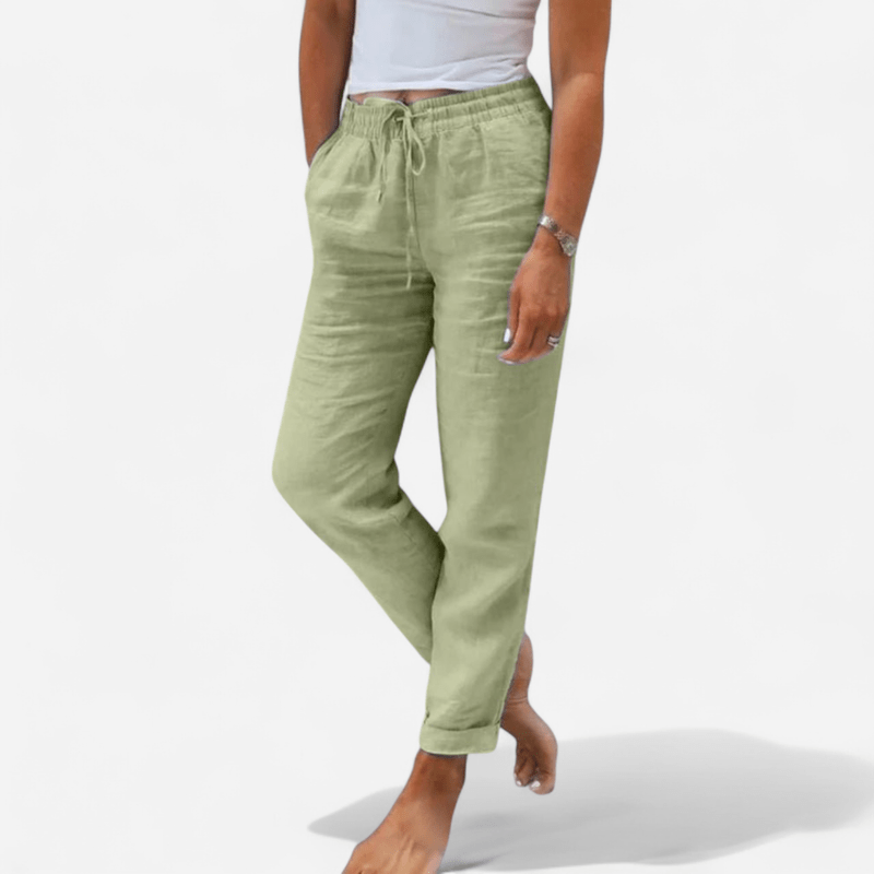 Linen-look tapered pants with drawstring in sage