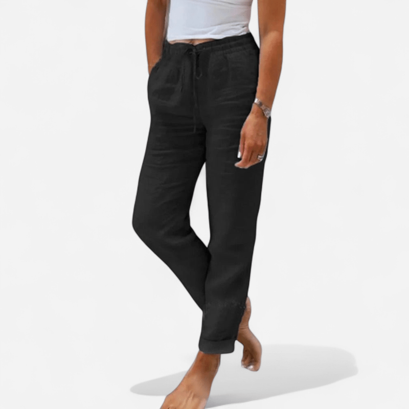 Linen-look tapered pants with drawstring in black