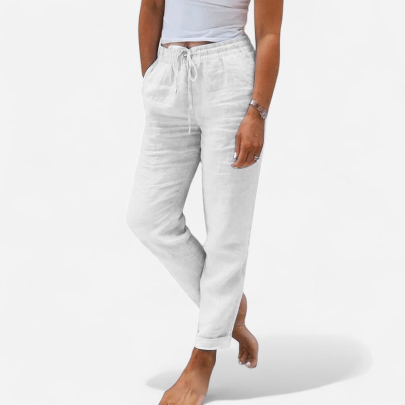 Linen-look tapered pants with drawstring in white