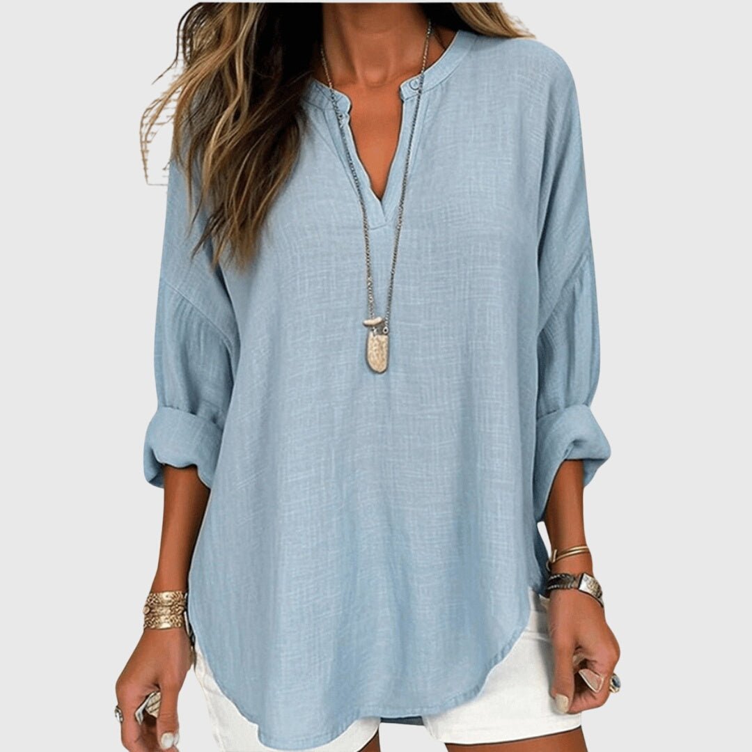 Linen-look tunic shirt with V-neck and long sleeves in light blue