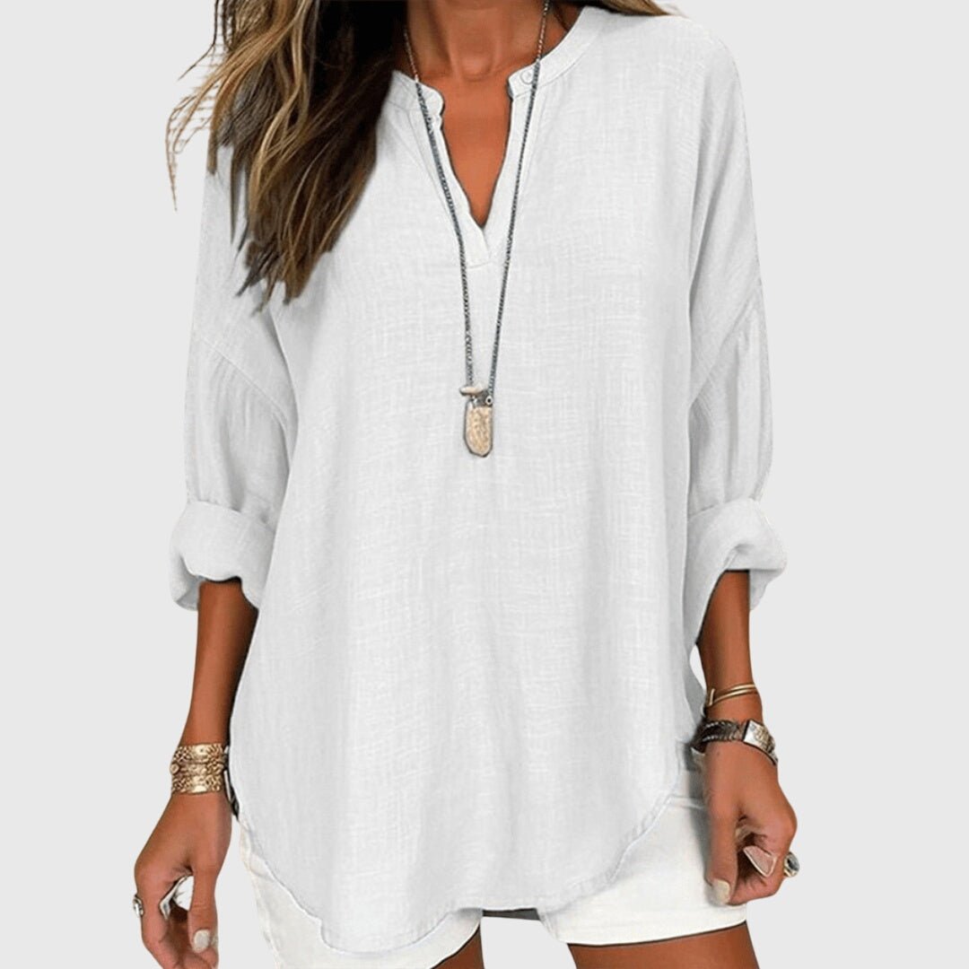 Linen-look tunic shirt with V-neck and long sleeves in white
