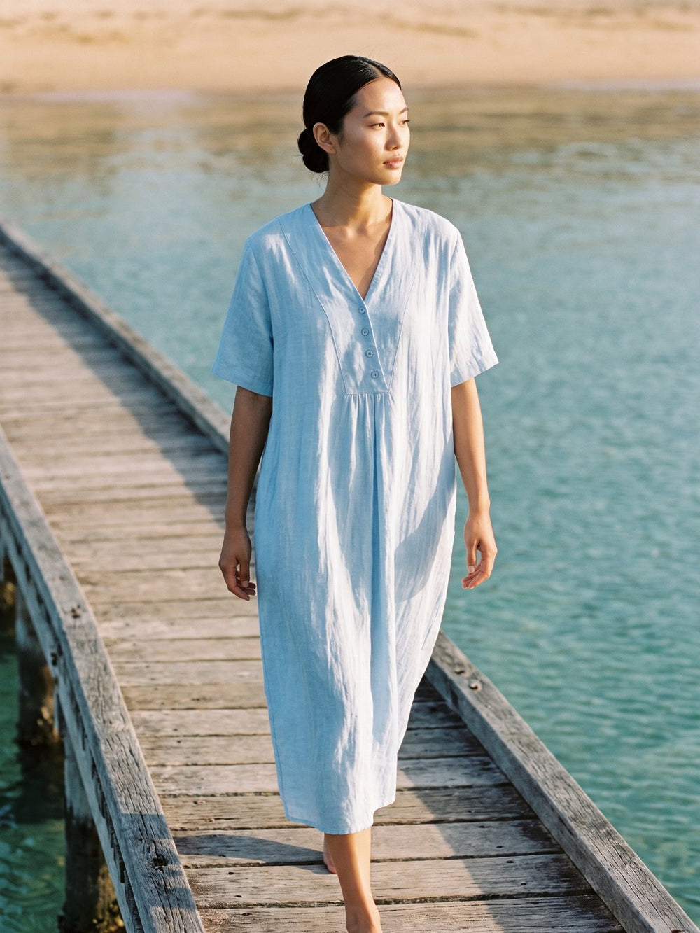 Relaxed Linen V-Neck Midi Dress with Button Detail