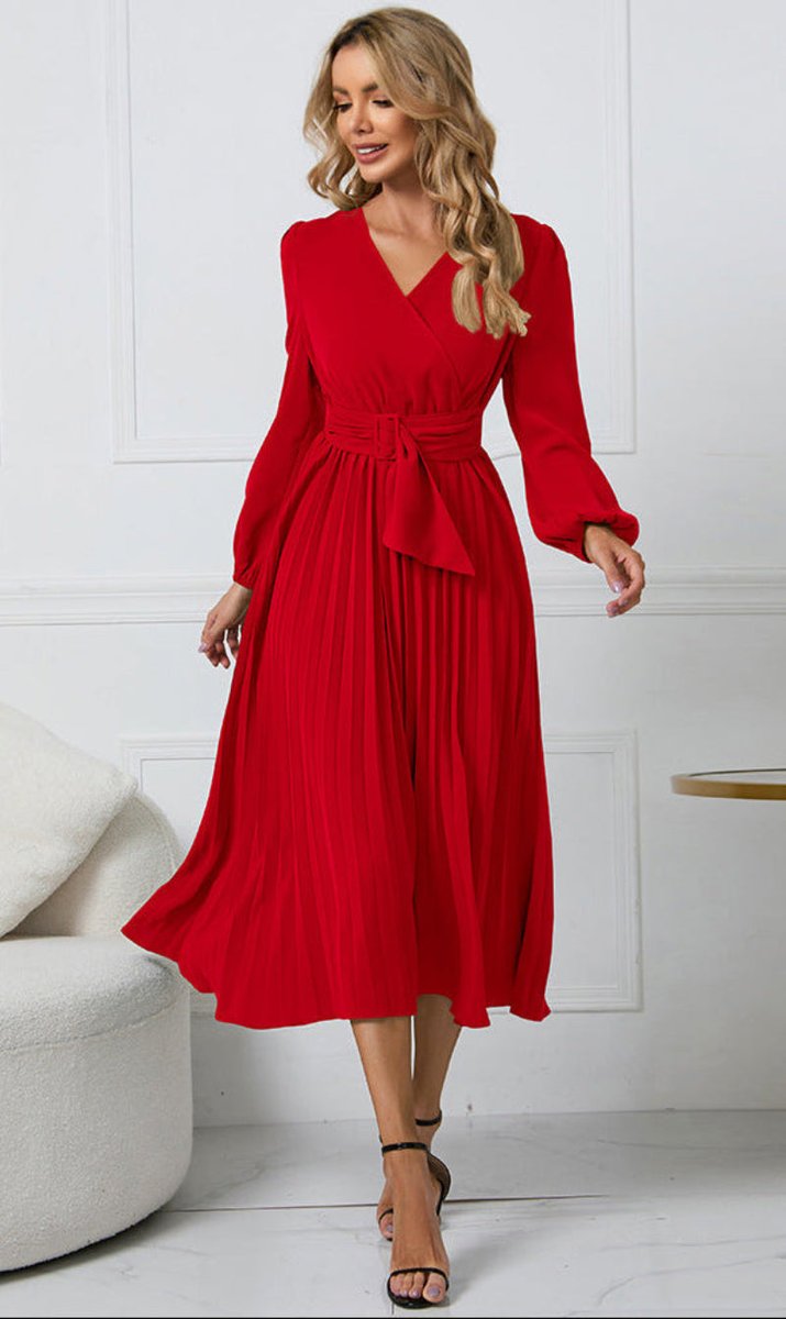Long sleeve midi party dress in red