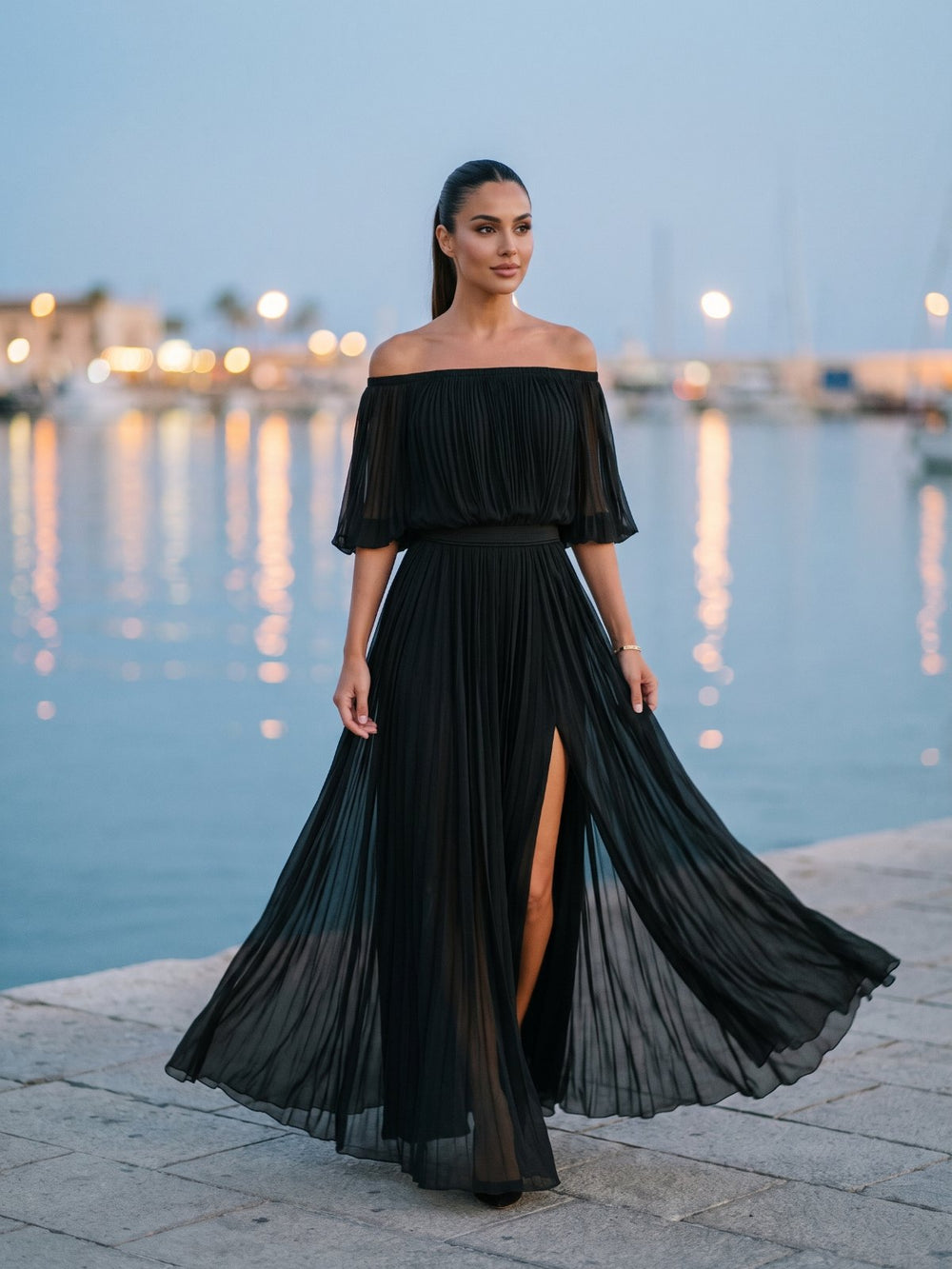 Off-Shoulder Pleated Chiffon Maxi Dress with Slit