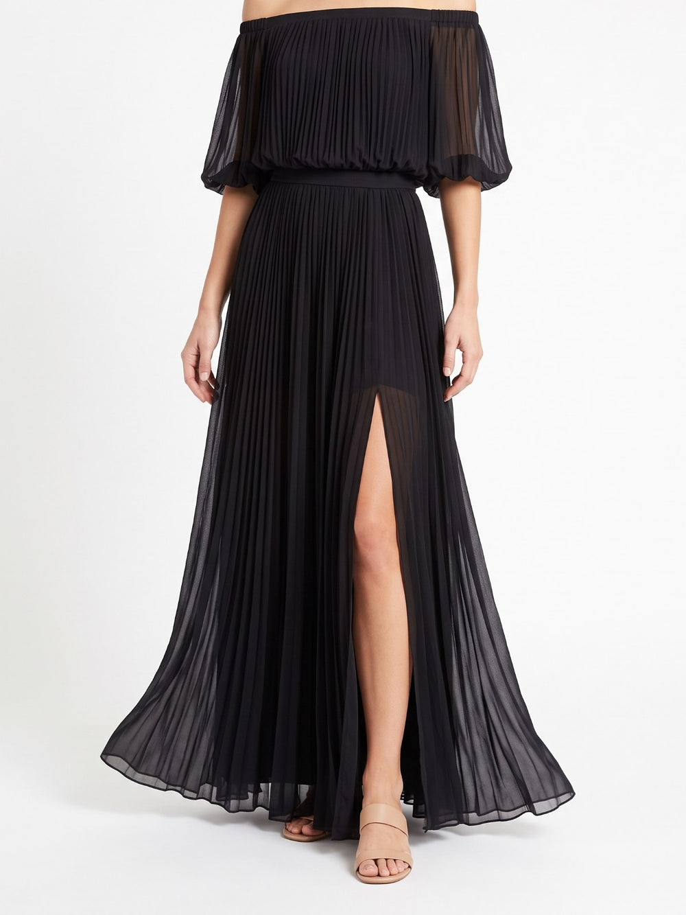 Off-Shoulder Pleated Chiffon Maxi Dress with Slit
