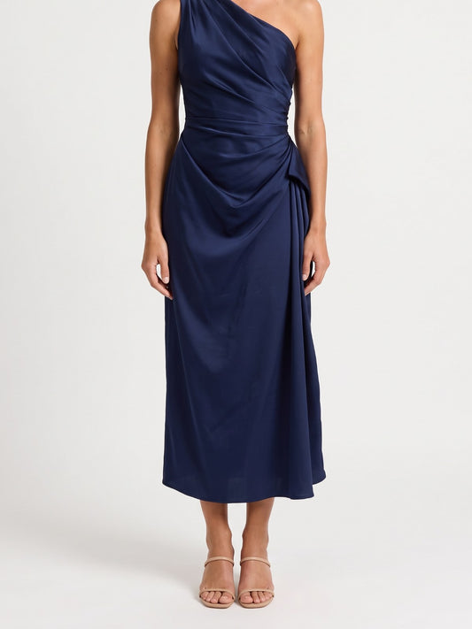 Navy one-shoulder satin midi dress on a white background