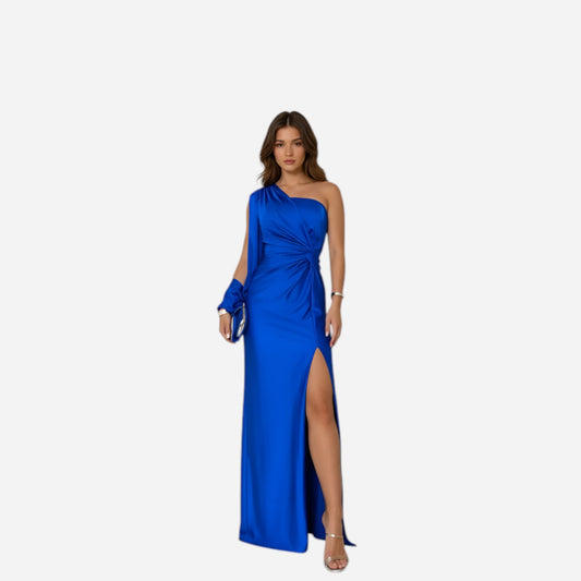 Satin maxi dress in cobalt blue - front
