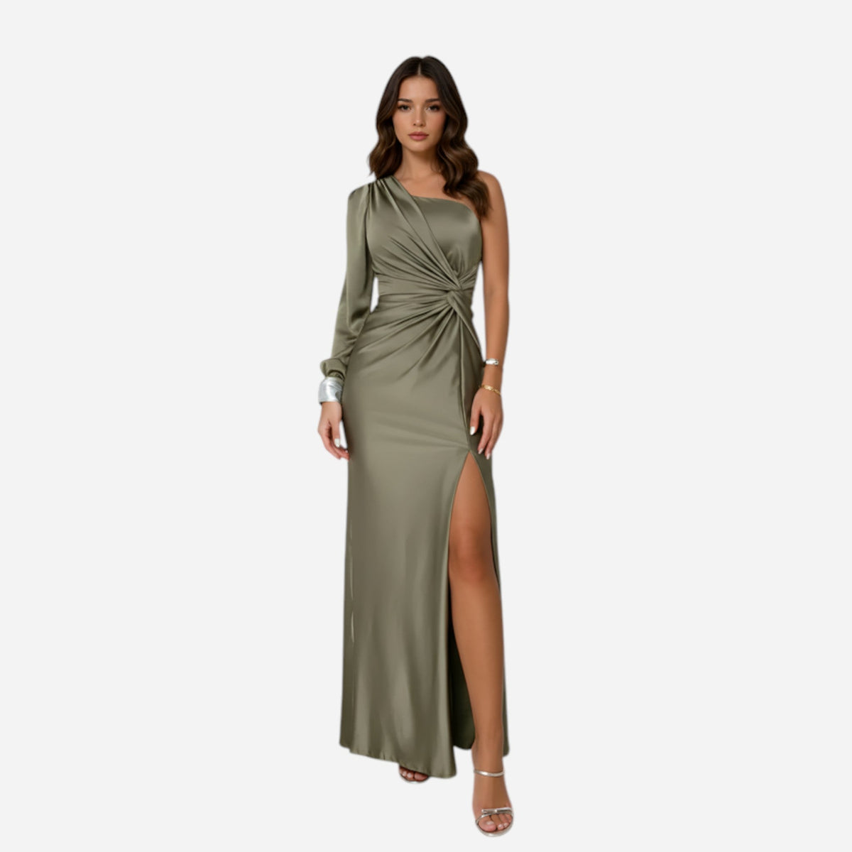 Satin maxi dress in olive - front