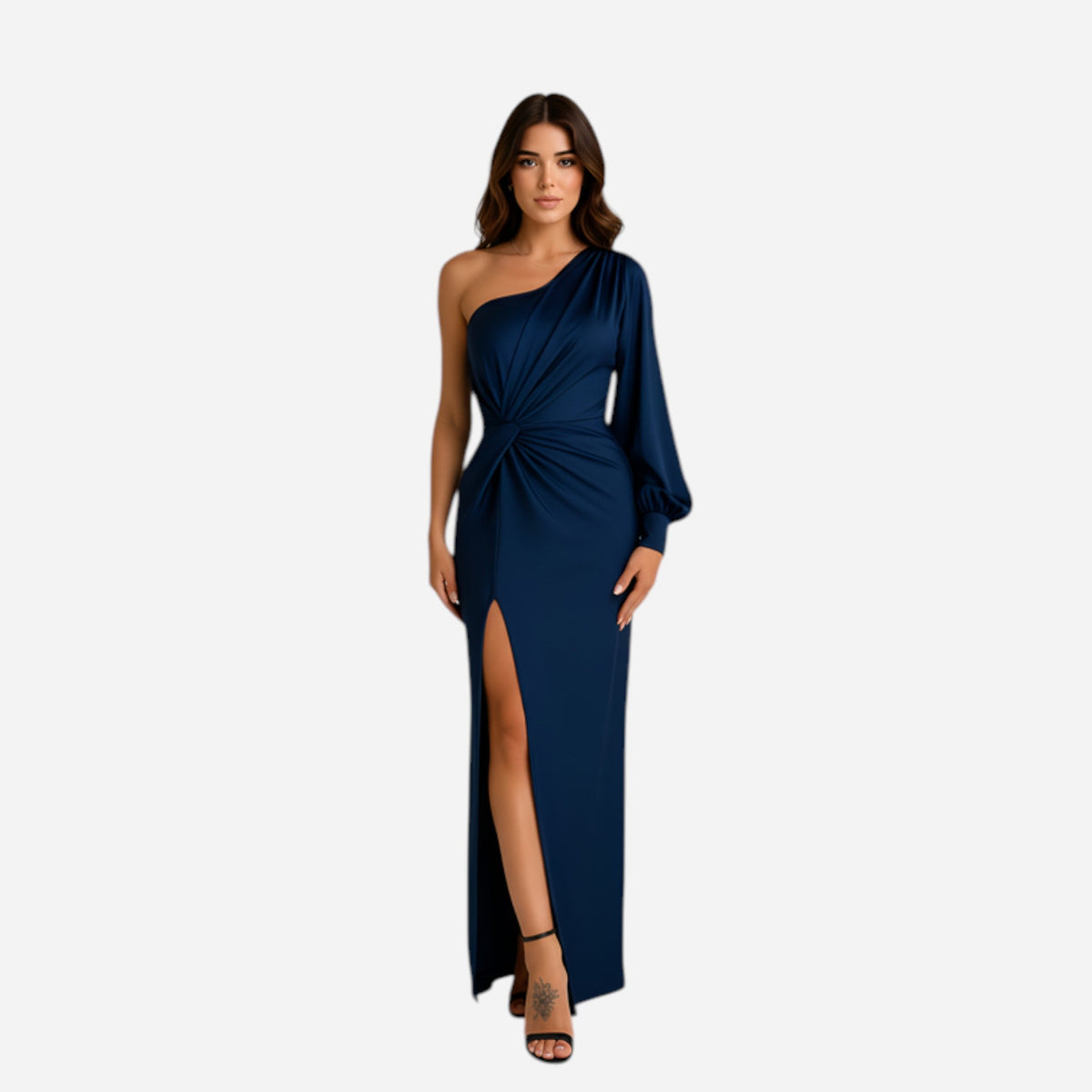 Satin maxi dress in navy - front
