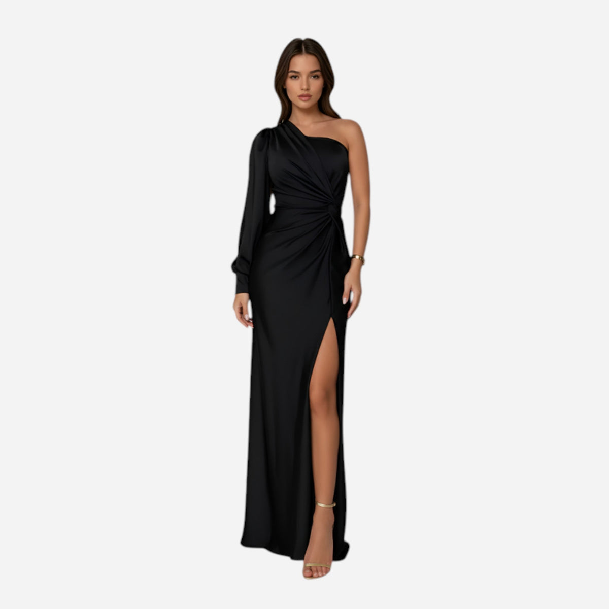 Satin maxi dress in black - front