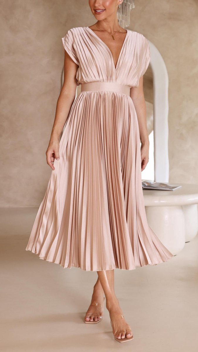 Pleated midi party dress with V-neck in champagne