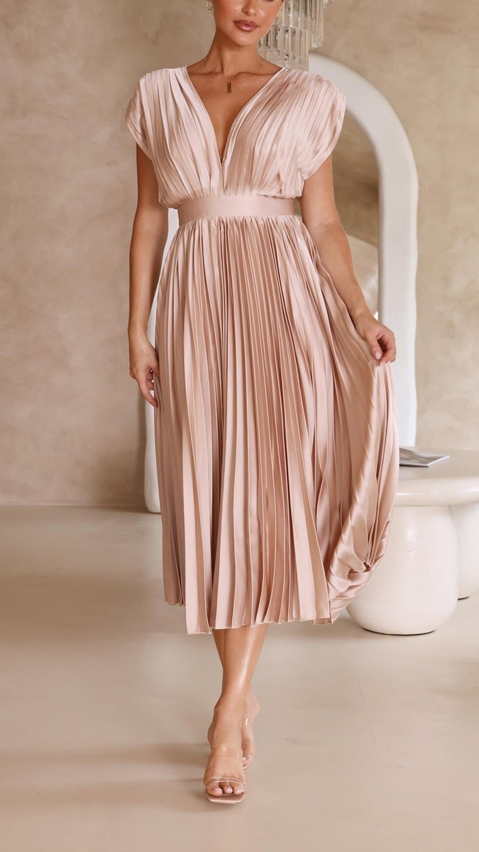 Pleated midi party dress with V-neck in champagne
