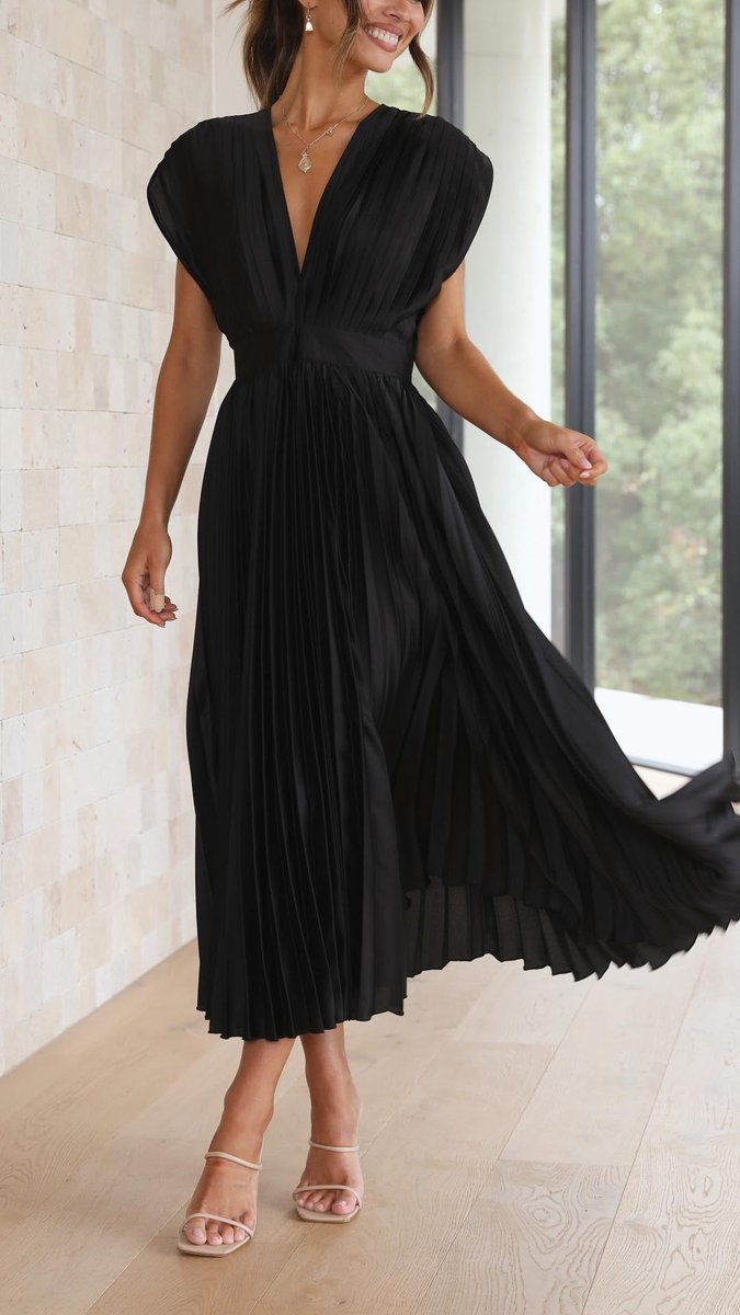 Pleated midi party dress with V-neck in black