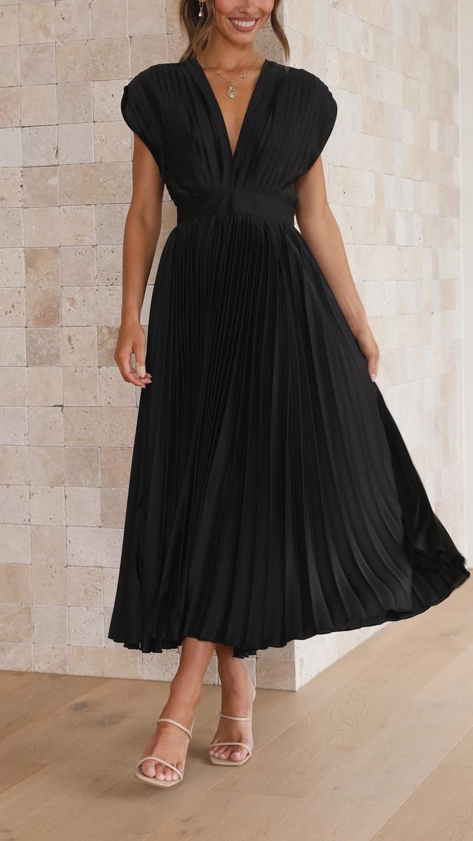 Pleated midi party dress with V-neck in black