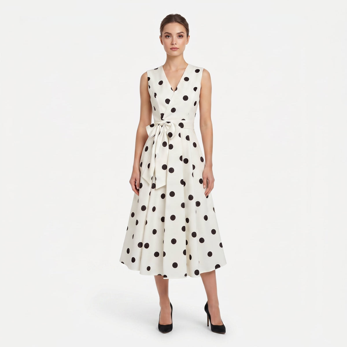Polka dot midi dress in white - front