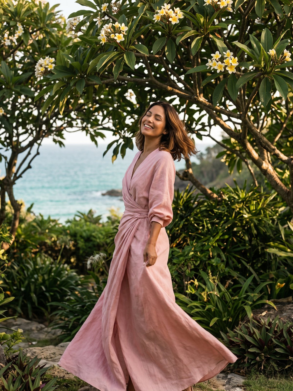 V-Neck Ruched Wrap Maxi Dress with 3/4 Sleeves