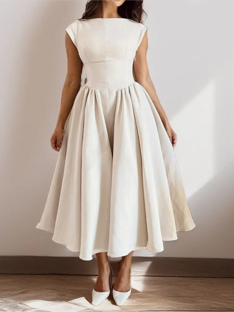 Satin midi party dress with cap sleeves in apricot